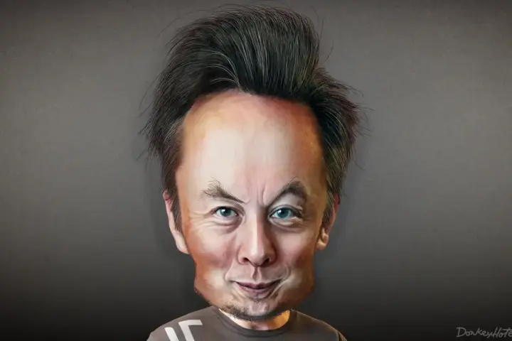 A caricature of Elon Musk, the tech billionaire whose AI ventures and model testing policies face scrutiny.