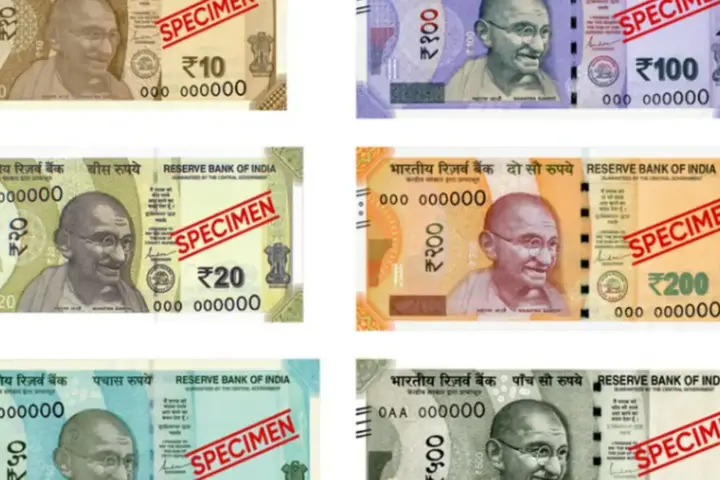 Clean photographic arrangement of current Indian Rupee banknotes issued by the Reserve Bank of India.
