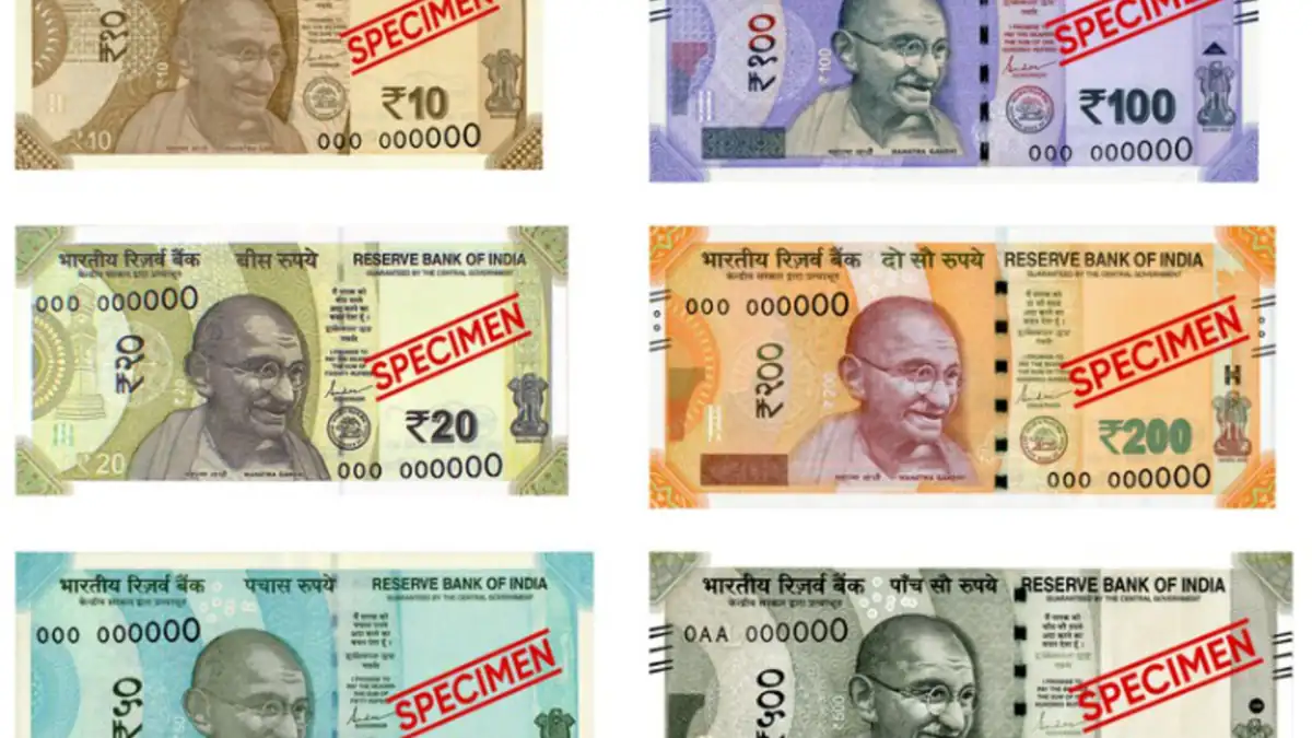 Clean photographic arrangement of current Indian Rupee banknotes issued by the Reserve Bank of India.