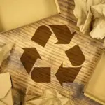 Recycling symbol surrounded by cardboard boxes and paper packaging