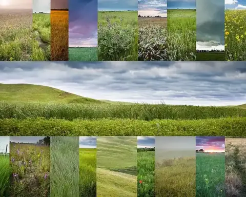 Panoramic prairie scene with rolling golden grass, scattered wildflowers, and dramatic layered storm clouds