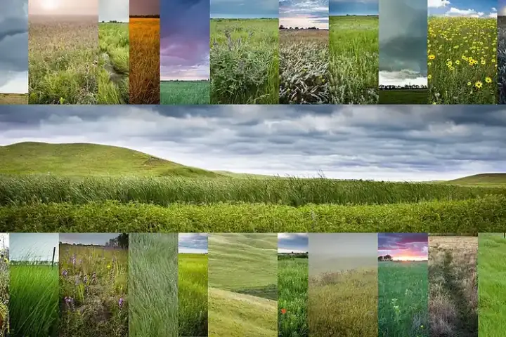 Panoramic prairie scene with rolling golden grass, scattered wildflowers, and dramatic layered storm clouds