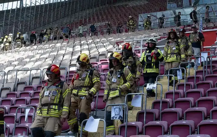 Firefighters climbing stairs during a 9/11 Memorial Stair Climb