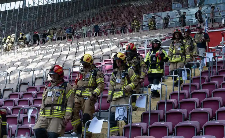 Firefighters climbing stairs during a 9/11 Memorial Stair Climb