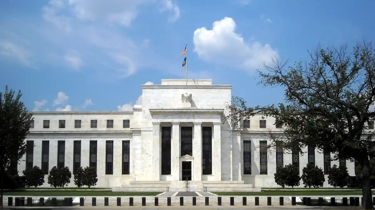 Exterior facade and classical marble columns of the Marriner S. Eccles Federal Reserve Board Building in Washington, D.C.