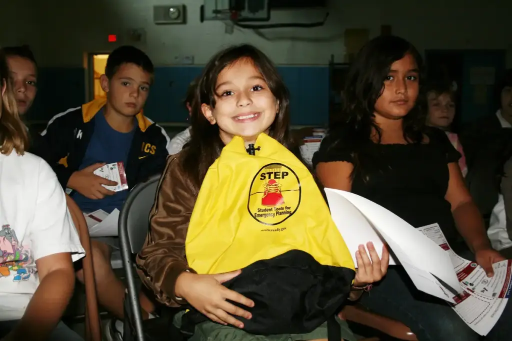 Emergency preparedness kit containing bottled water, food, flashlight and basic supplies