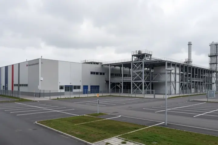 German industrial manufacturing plant exterior with production buildings and steel structures