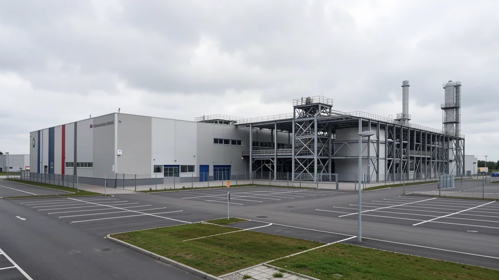 German industrial manufacturing plant exterior with production buildings and steel structures