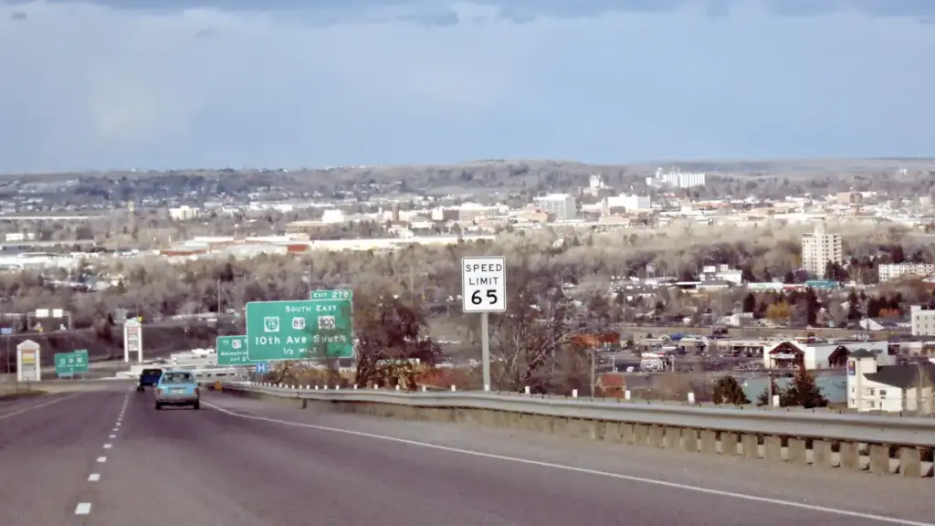 Overview of the city of Great Falls, Montana, showing residential neighborhoods, commercial structures, and the Missouri River corridor.