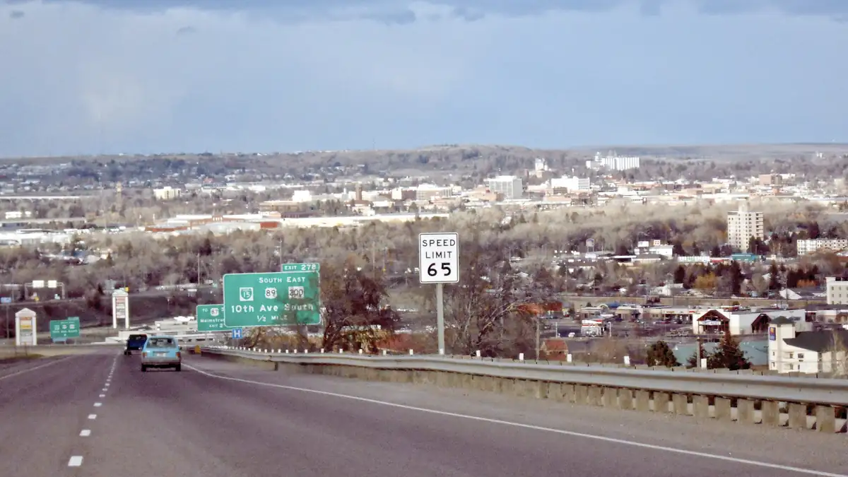 Overview of the city of Great Falls, Montana, showing residential neighborhoods, commercial structures, and the Missouri River corridor.