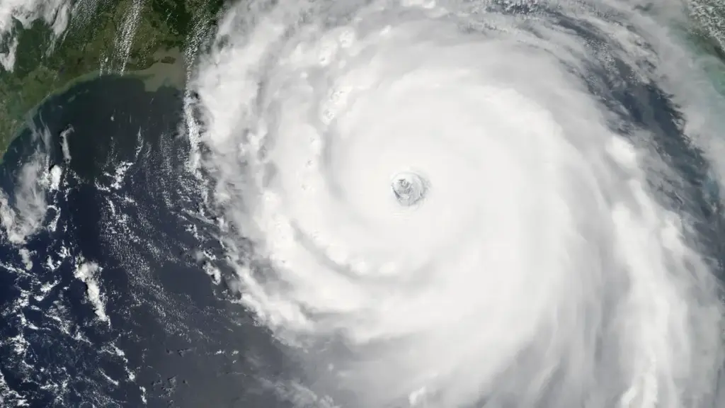 Satellite image of a Category 5 hurricane at peak intensity showing spiral cloud structure of major tropical cyclone