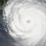 Satellite image of a Category 5 hurricane at peak intensity showing spiral cloud structure of major tropical cyclone