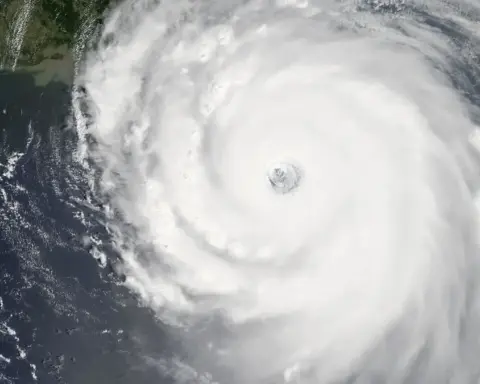 Satellite image of a Category 5 hurricane at peak intensity showing spiral cloud structure of major tropical cyclone