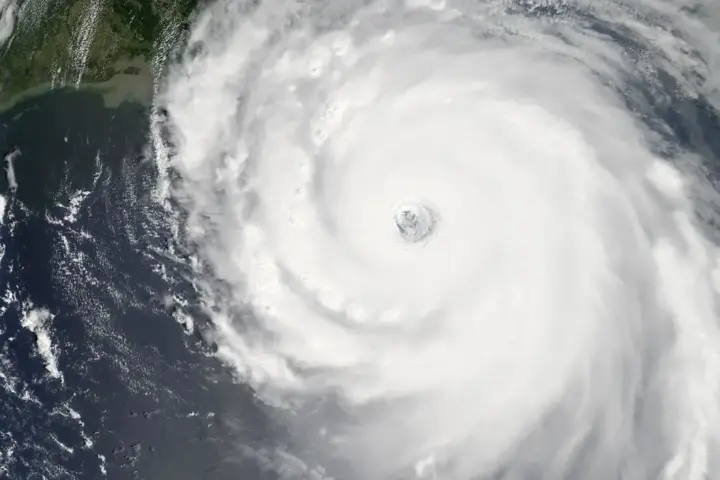 Satellite image of a Category 5 hurricane at peak intensity showing spiral cloud structure of major tropical cyclone