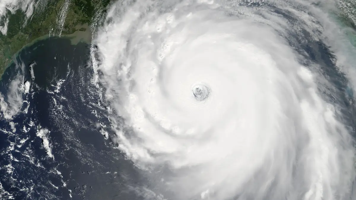 Satellite image of a Category 5 hurricane at peak intensity showing spiral cloud structure of major tropical cyclone