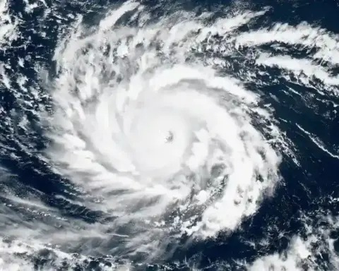 Satellite view of Hurricane Lowell’s spiral cloud bands over the Pacific Ocean.