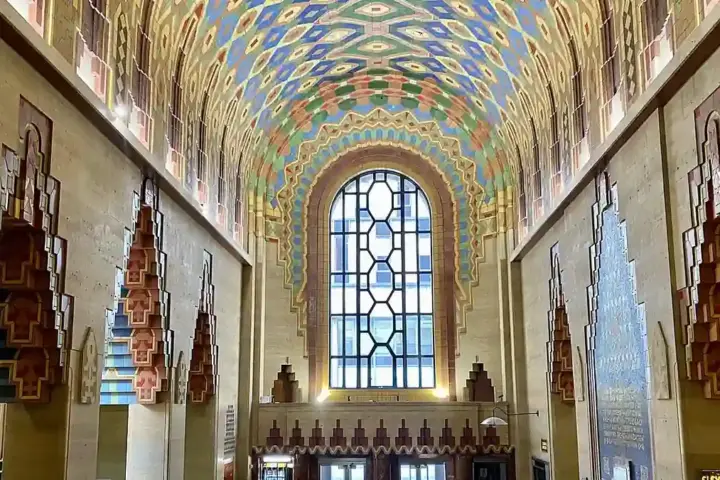 Interior lobby of a financial building with teller-style service space