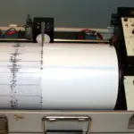 Analog rotating seismograph drum with stylus recording seismic waveform lines on paper