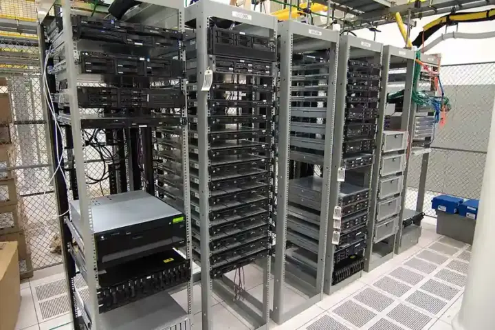 Server cabinet racks with illuminated status indicators and network cabling in a data facility