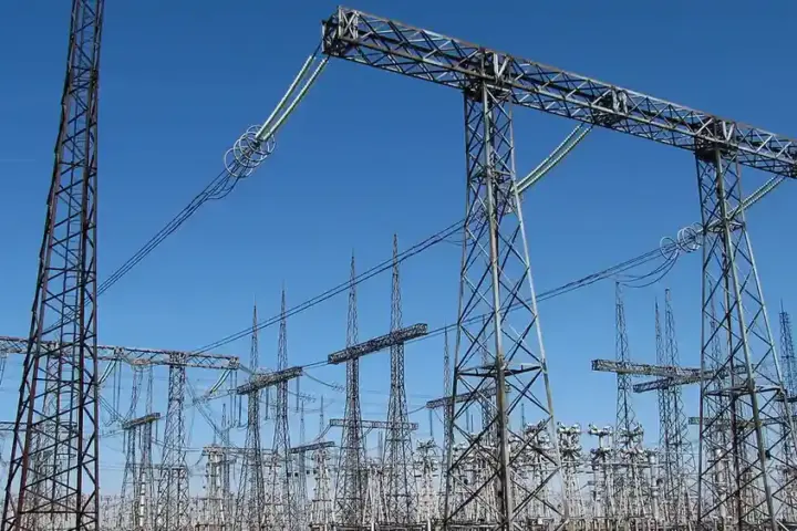 High-voltage electrical substation switchgear and power transmission infrastructure connecting regional power lines