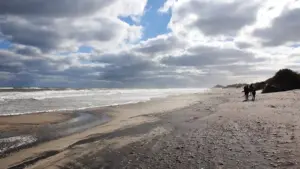 Ocean surf breaking onto a sandy Atlantic coastal beach in the Outer Banks