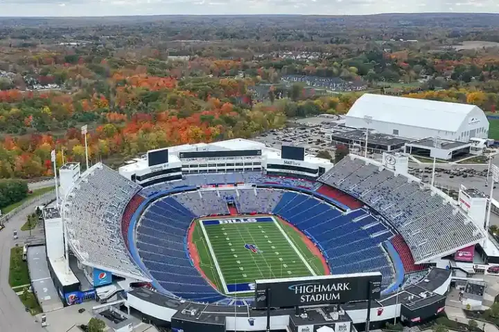 Exterior seating bowl and field area of Highmark Stadium in Orchard Park, New York