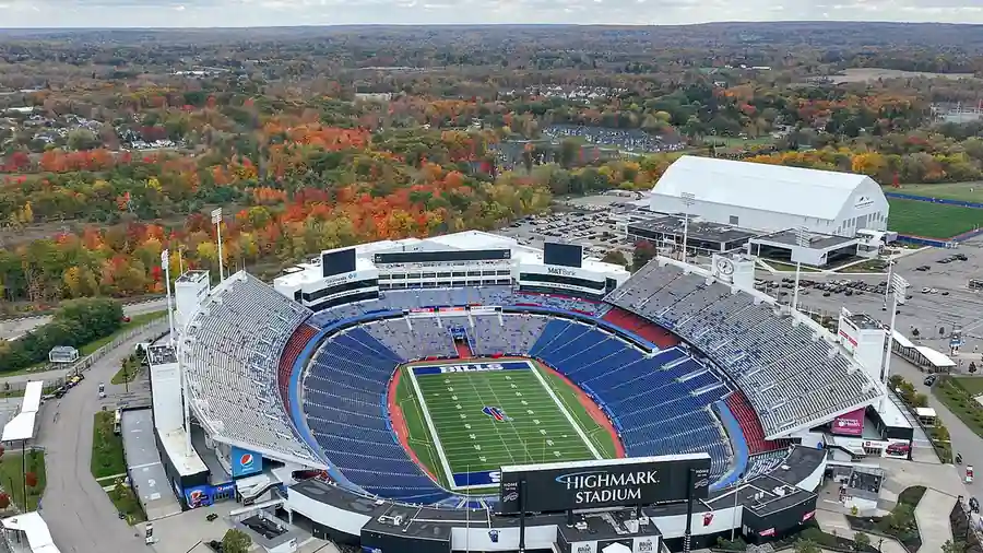 Exterior seating bowl and field area of Highmark Stadium in Orchard Park, New York