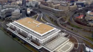 Aerial photograph of the Kennedy Center complex beside the Potomac River in Washington D.C.