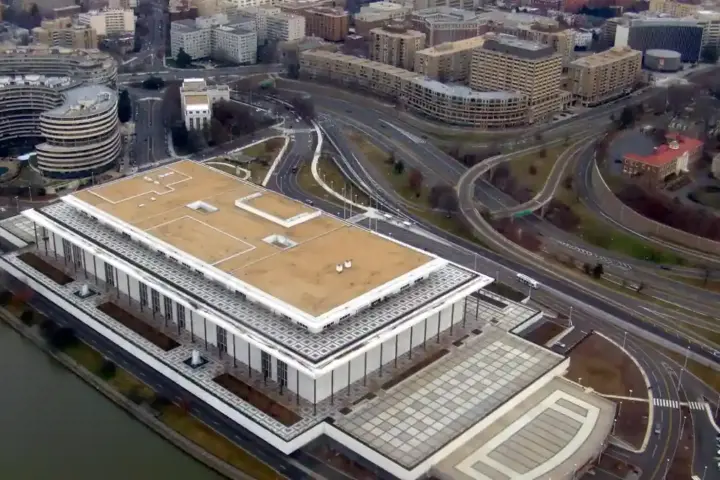 Aerial photograph of the Kennedy Center complex beside the Potomac River in Washington D.C.