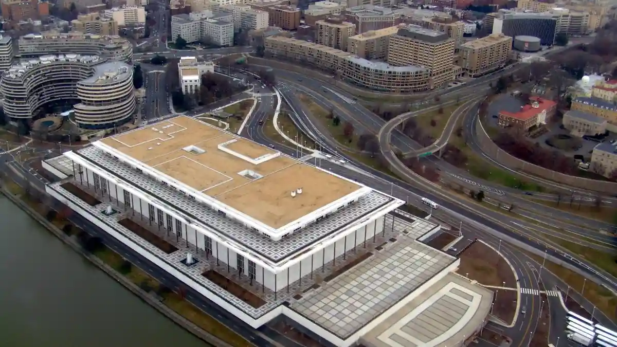 Aerial photograph of the Kennedy Center complex beside the Potomac River in Washington D.C.