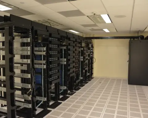 Rows of server racks inside a data center