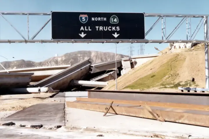 Collapsed Newhall Pass interchange after the 1971 San Fernando earthquake in California