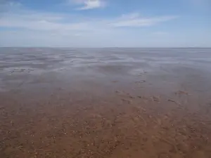Expansive coastal mudflats and shallow waters at low tide along The Wash coastline bordering Norfolk and Lincolnshire.