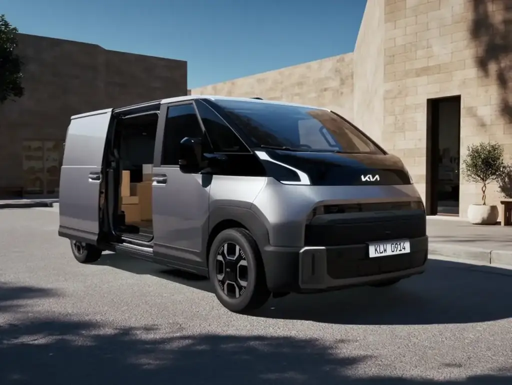 Kia PV5 electric cargo van with sliding door open representing electric vehicle for Aptera solar EV article.