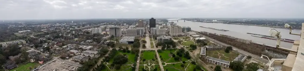 Elevated perspective overlooking downtown Baton Rouge and surrounding residential areas in Louisiana