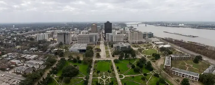 Elevated perspective overlooking downtown Baton Rouge and surrounding residential areas in Louisiana