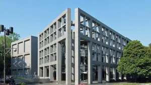 A modern museum building exterior with geometric architectural lines.
