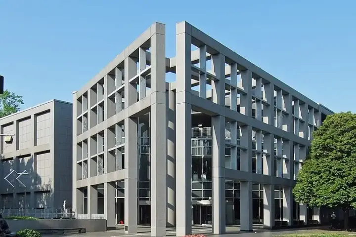 A modern museum building exterior with geometric architectural lines.