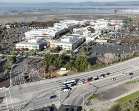 Aerial photograph of Meta headquarters campus in Menlo Park California