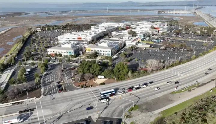 Aerial photograph of Meta headquarters campus in Menlo Park California
