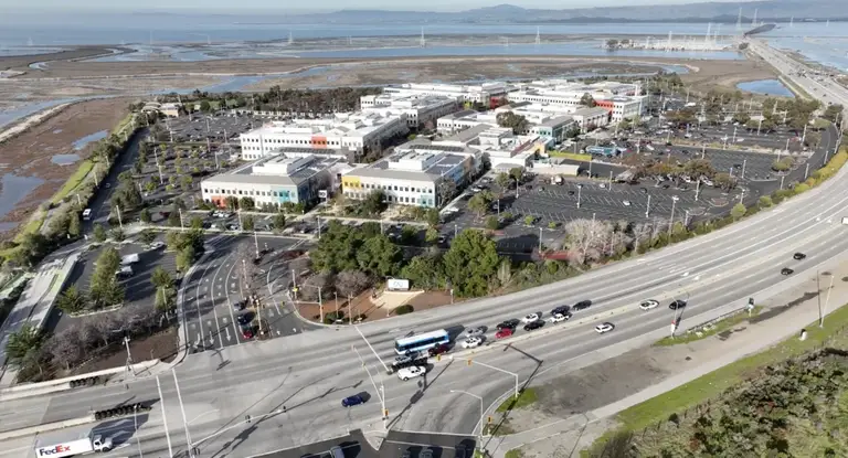 Aerial photograph of Meta headquarters campus in Menlo Park California
