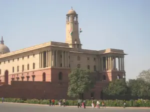 The classical red sandstone North Block secretariat building on Raisina Hill in New Delhi.