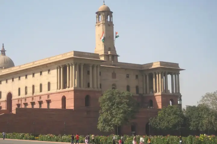 The classical red sandstone North Block secretariat building on Raisina Hill in New Delhi.