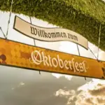 Aerial view of Oktoberfest tents and crowds at Theresienwiese in Munich