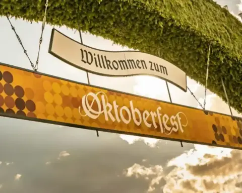 Aerial view of Oktoberfest tents and crowds at Theresienwiese in Munich