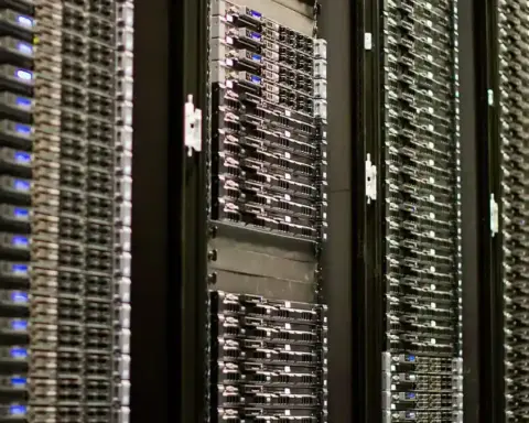 Rows of server racks representing AI compute and digital security infrastructure.