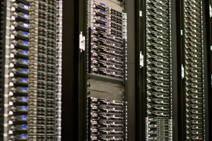 Rows of server racks representing AI compute and digital security infrastructure.