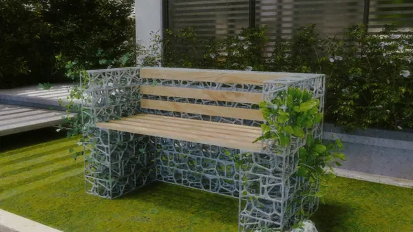 PhytoSymbiosis Seat bench in garden setting with ivy growing on lattice supports