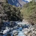 A fast Himalayan river runs through steep forested terrain in Rasuwa, Nepal, linked to the August 2026 flood disaster.