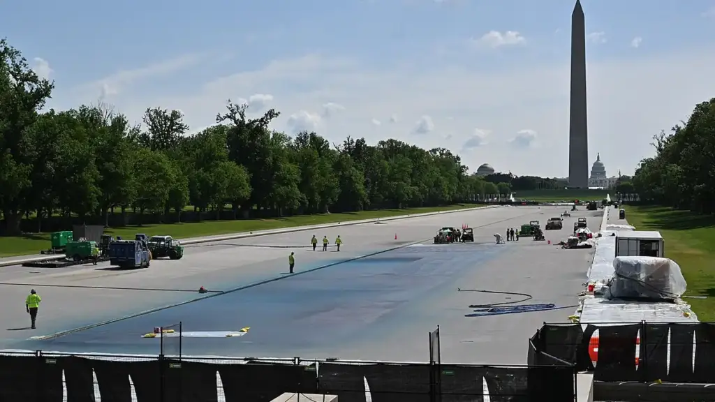 Blue-painted Lincoln Memorial Reflecting Pool in Washington, D.C., April 2026